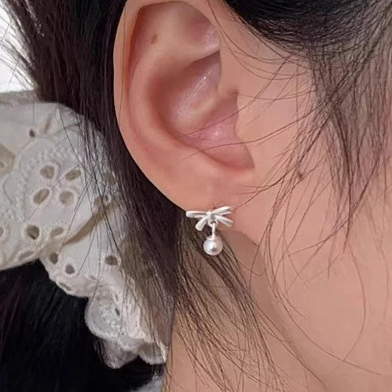 Pure 923 Sterling Silver Geometric Bow Charm Freshwater Pearl Pendant Stud Earrings
