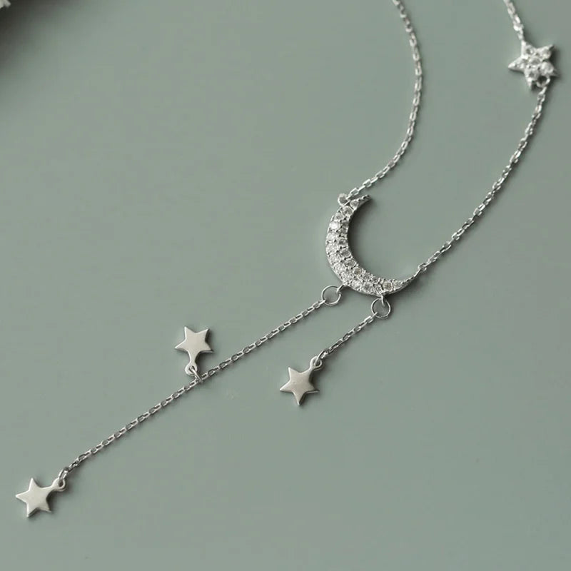 925 Sterling Silver Star Moon Necklace Tassel Collarbone Chain Sparkling AAA Zircon Pendant Fine Jewelry