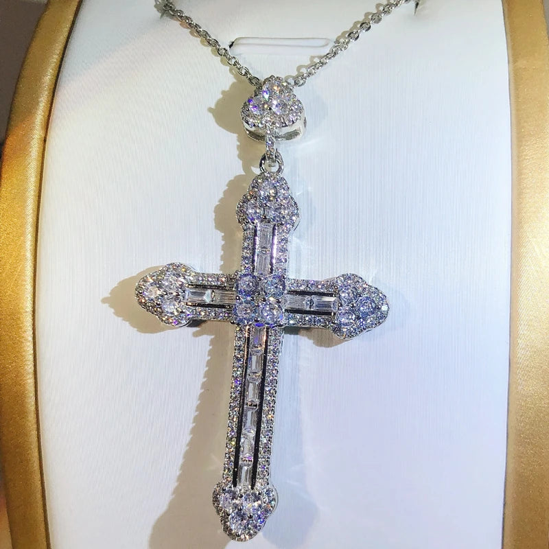 New 925 Sterling Silver Zircon Cross Pendant Necklace Fine Jewelry