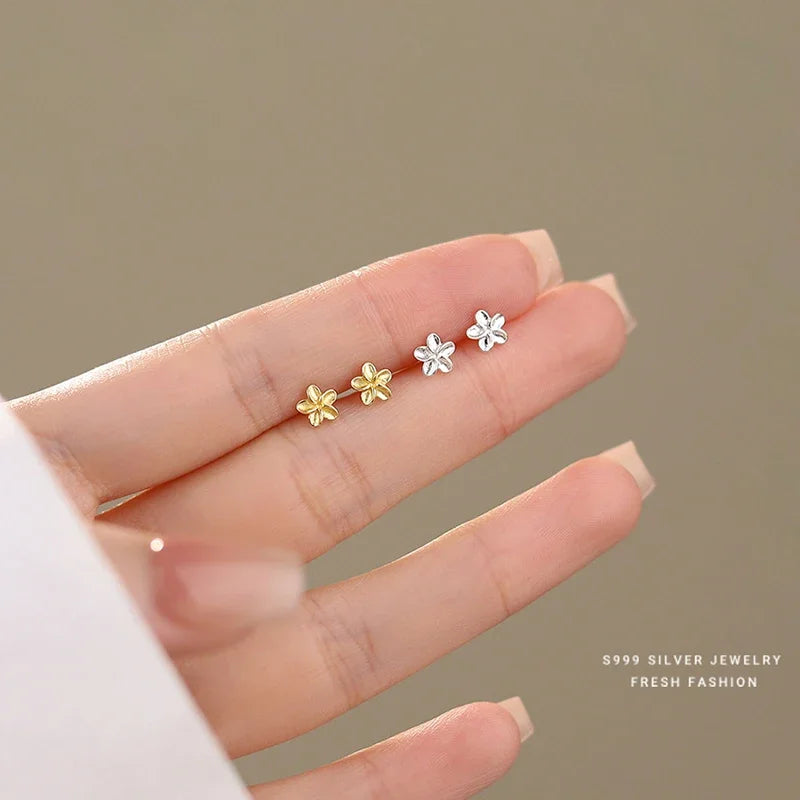 Real 925 Sterling Silver 18k Gold Plated 5MM Flower Mini Stud Earrings Fine Jewelry