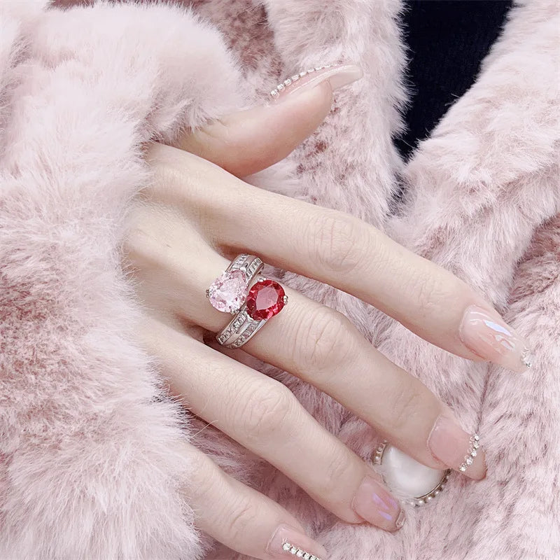 925 Sterling Silver Luxury Sparkling Zircon Pink and Ruby Gemstone Adjustable Ring Fine Jewelry