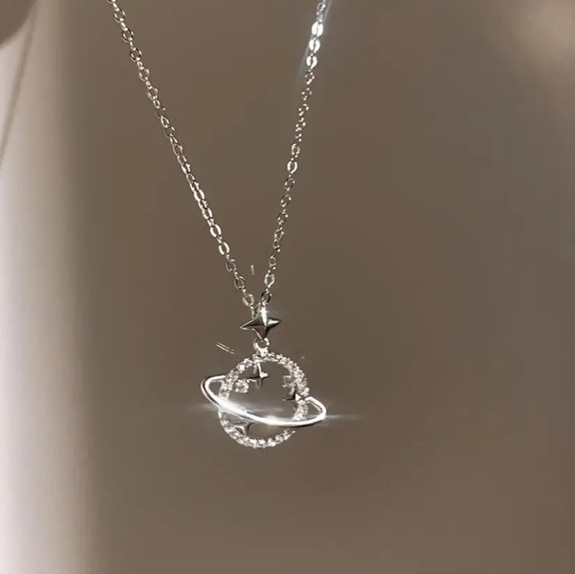 Celestial 925 Sterling Silver Chain Collarbone Necklace Planet Star Zircon Pendant Chain
