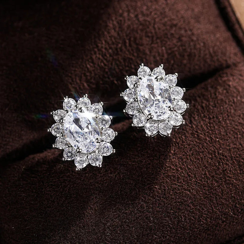New 925 Sterling Silver Pure Zircon Birthstone Sunflower Shape Stud Earrings Oval Luxury Fine Jewelry