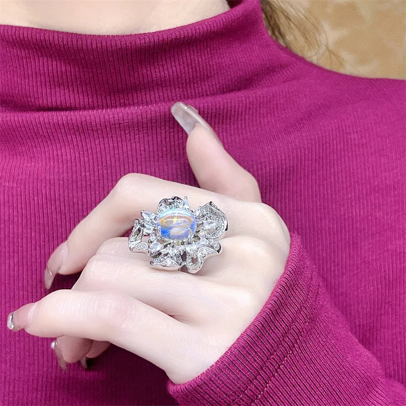 Solid 925 Sterling Silver Luxury Moonstone Opal Zircon Big Flower Open Ring Fine Jewelry