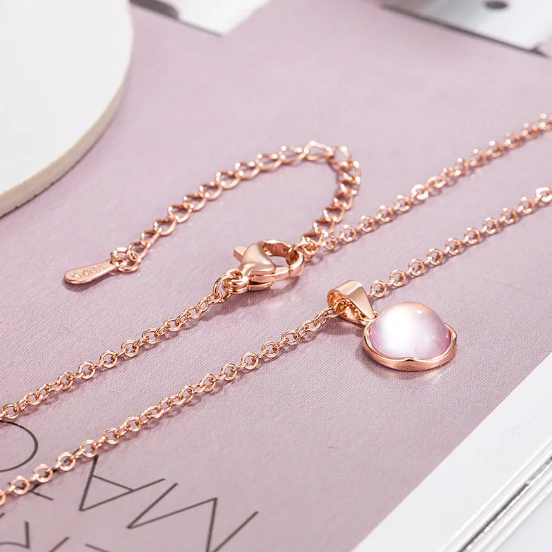 925 Sterling Silver round Pendant Necklace with Pink Crystal Elegant Choker Jewelry