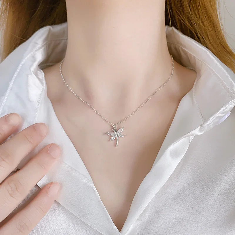 Fine 925 Sterling Silver Crystal Dragonfly Pendant Exquisite Necklace