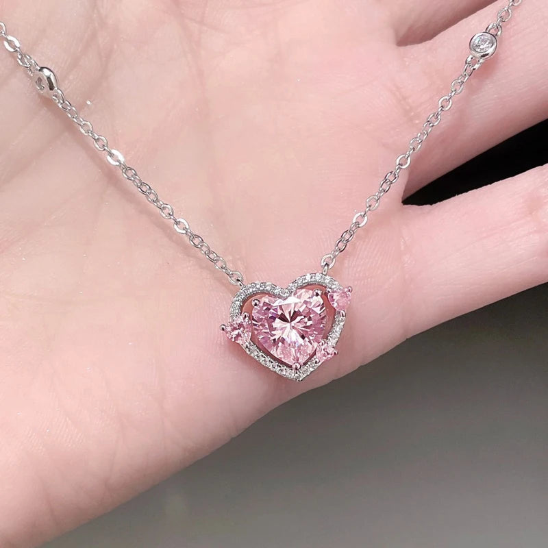 Fine 925 Sterling Silver Zircon Heart Pendant Necklace Designer Jewelry