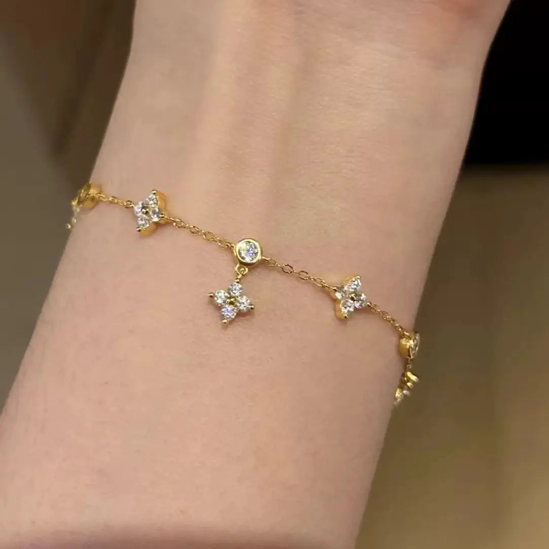 925 Sterling Silver 18K Gold Plated Sparkling Zircon Flower Necklace Bracelet Exquisite Jewelry