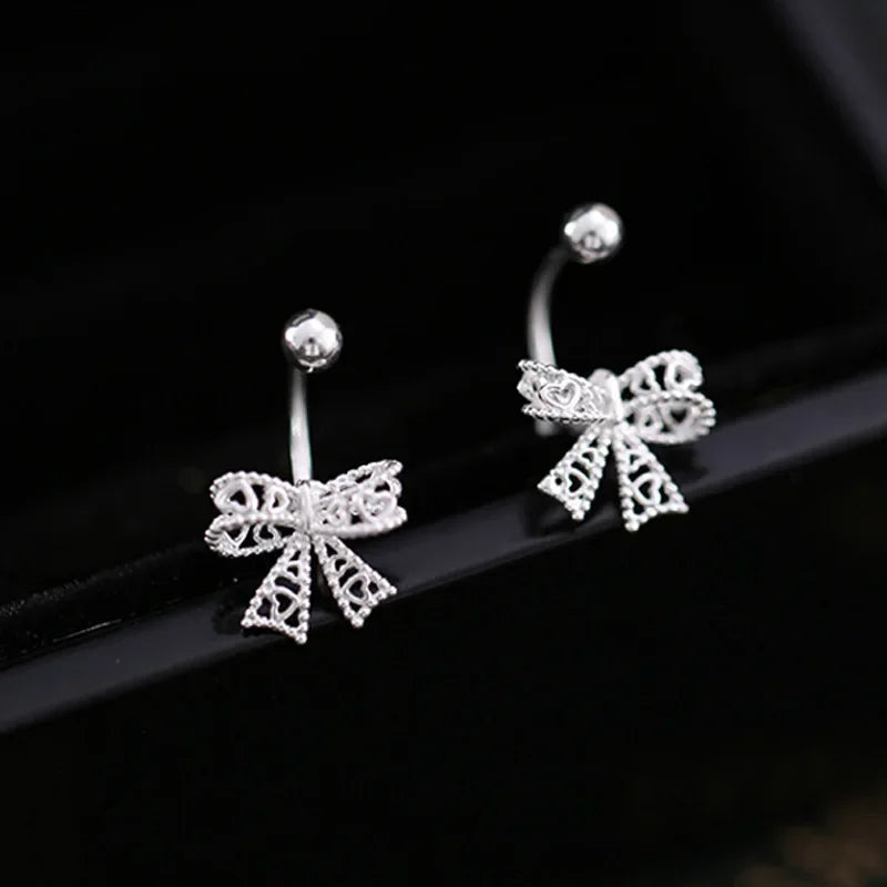Real 925 Sterling Silver Bow Screw Buckle Puncture Stud Earrings Fine Jewelry Minimalist