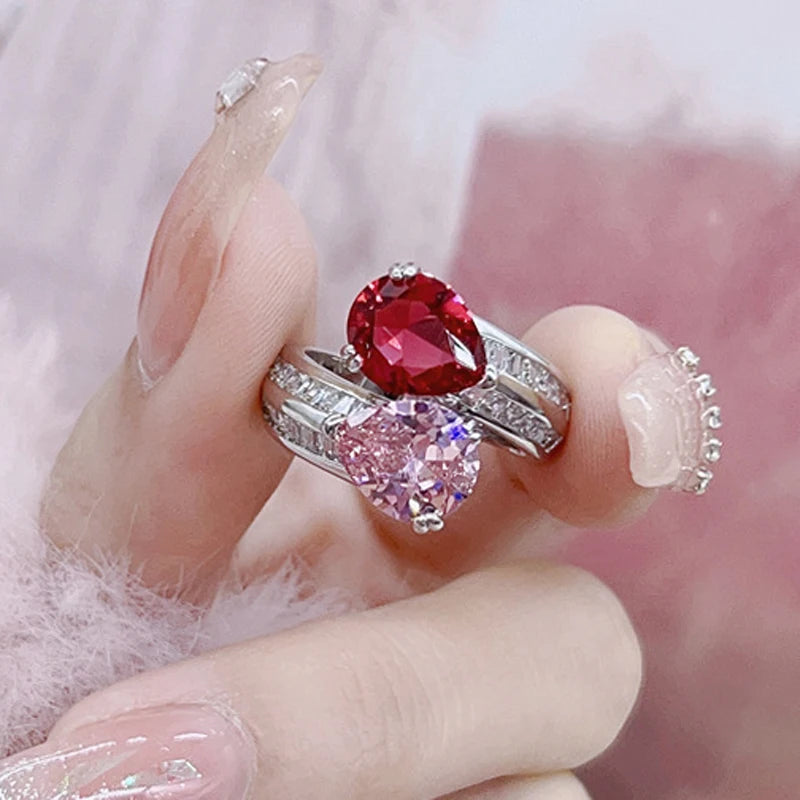 925 Sterling Silver Luxury Sparkling Zircon Pink and Ruby Gemstone Adjustable Ring Fine Jewelry