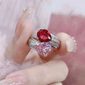 925 Sterling Silver Luxury Sparkling Zircon Pink and Ruby Gemstone Adjustable Ring Fine Jewelry