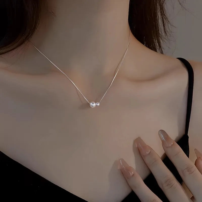 Fine 925 Sterling Silver 18k Gold Plated Two Pearl Pendant Necklace Jewelry