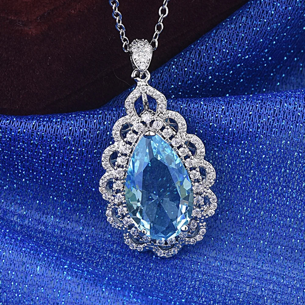  New 925 Sterling Silver Luxury Inlaid Navy Blue Topaz Water Drop Pendant Necklace Fine Jewelry