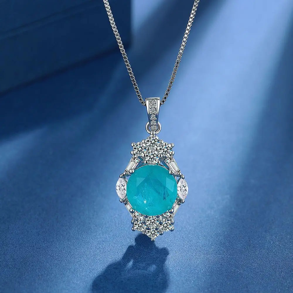 Neew 925 Sterling Silver Pure Zircon Paraiba Tourmaline Pendant Necklace Fine Jewelry