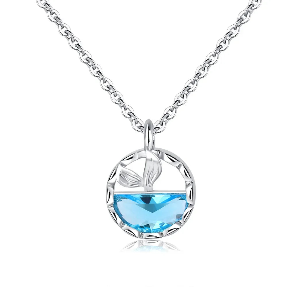 S925 Sterling Silver Mermaid Blue Gemstone Pendant Necklace Jewelry
