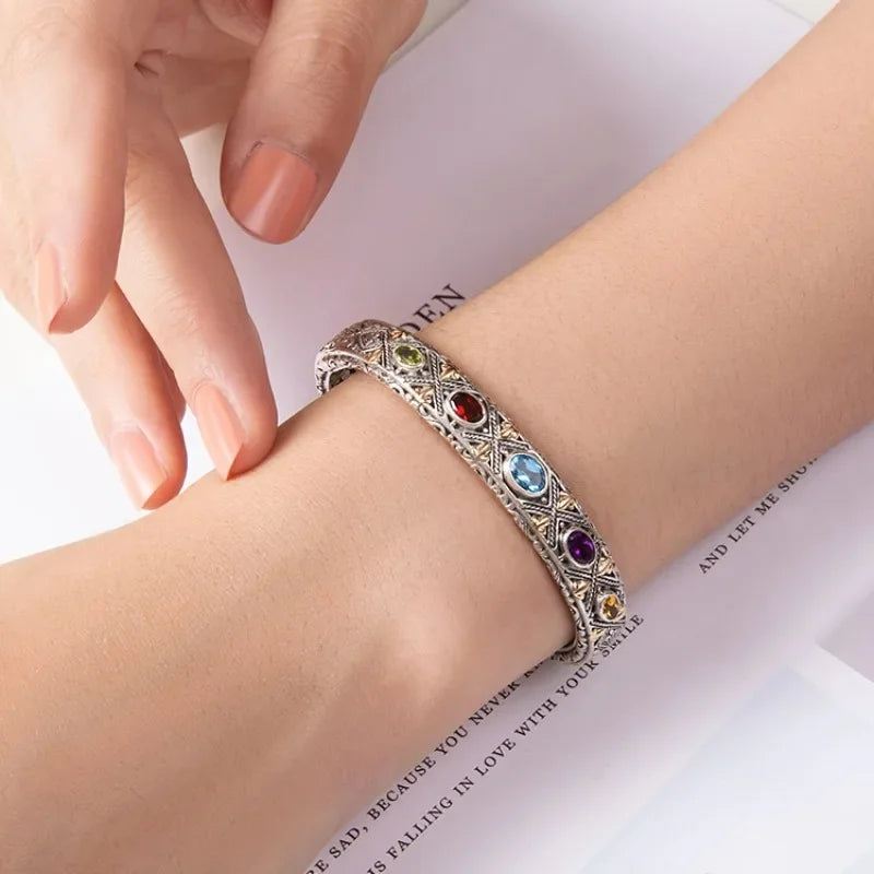 New 925 Silver Luxury Inlaid Colored Gemstone Bangle Bracelet Fine Jewelry