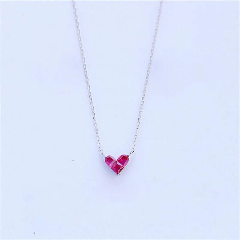 Fine 925 Sterling Silver Sweet Heart Shaped Red Crystal Pendant Necklace