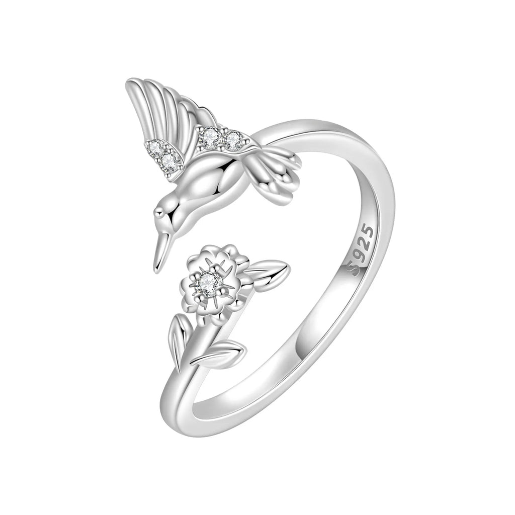 S925 Sterling Silver Humming Bird Flower Adjustable Ring Fine Jewelry