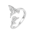 S925 Sterling Silver Humming Bird Flower Adjustable Ring Fine Jewelry