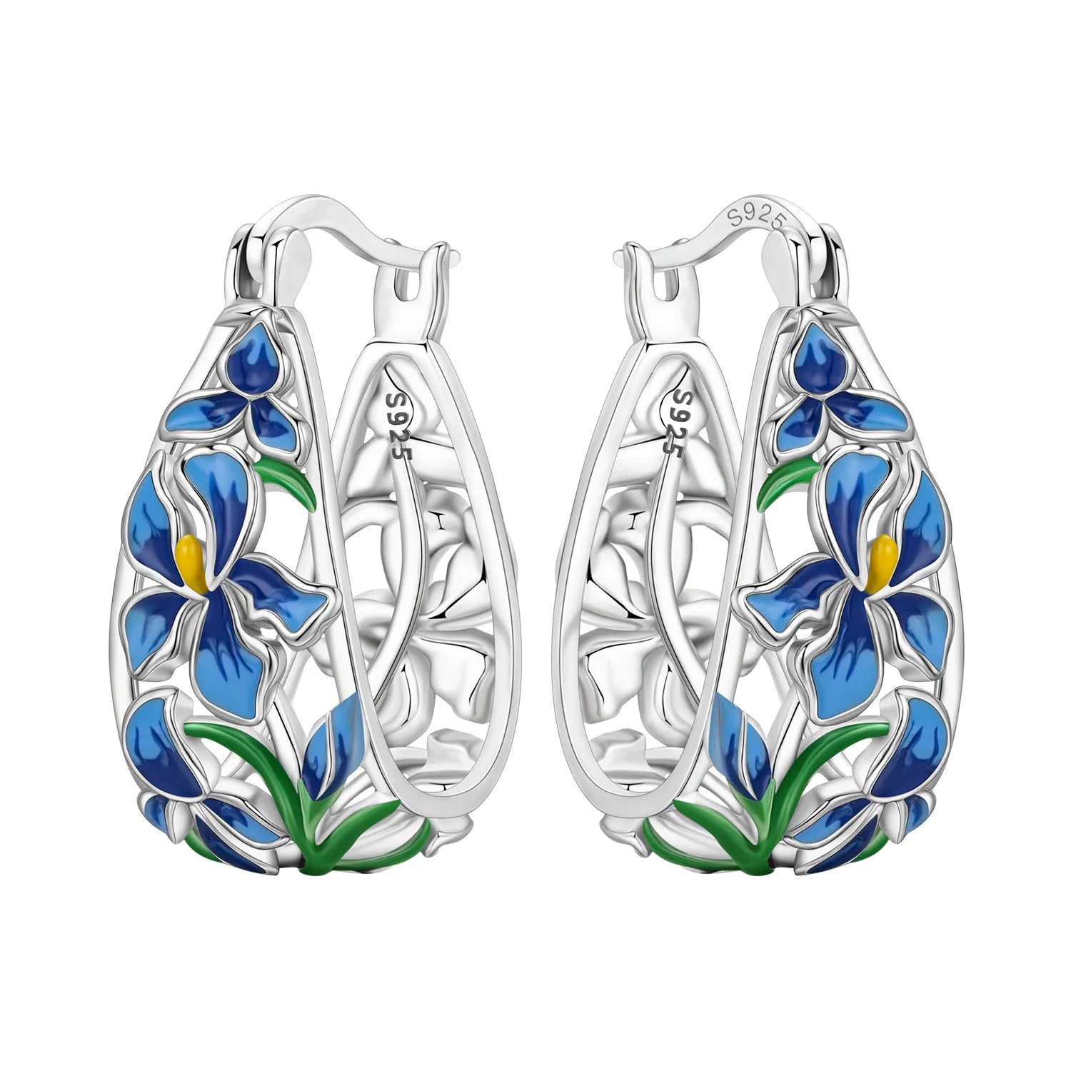 New S925 Sterling Silver Pure Zircon Blue Purple Flower Iris Earrings Fine Jewelry