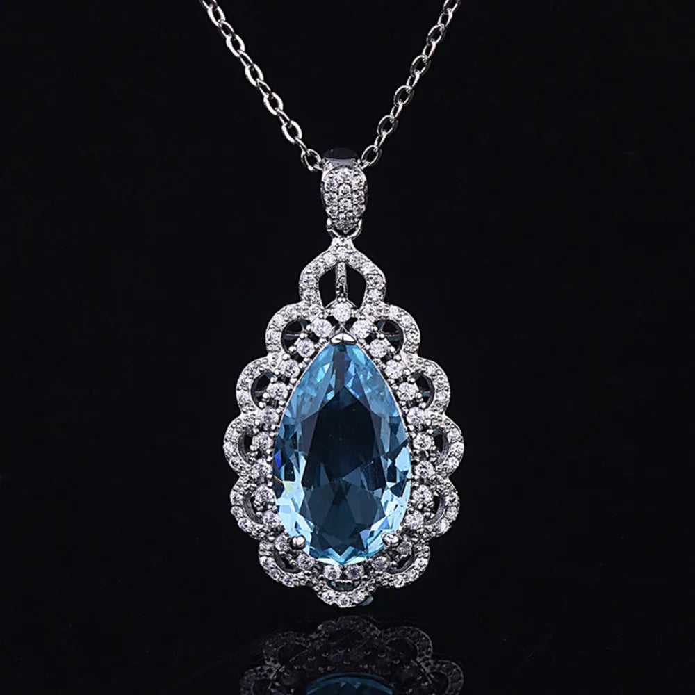  New 925 Sterling Silver Luxury Inlaid Navy Blue Topaz Water Drop Pendant Necklace Fine Jewelry