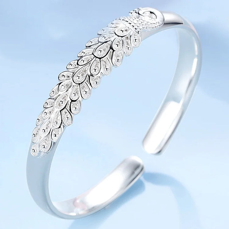 New 925 Sterling Silver Elegant Peacock Opening Bangle Bracelet Jewelry