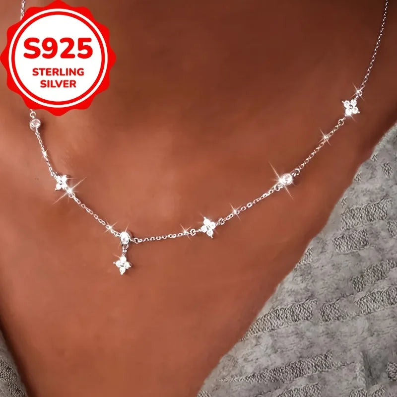 S925 Sterling Silver 14K Gold Plated CZ Choker Necklace Dainty Starburst Chain Jewelry