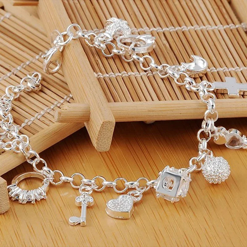 New 925 Sterling Silver 13Pcs Charm Bracelet Fine Jewelry
