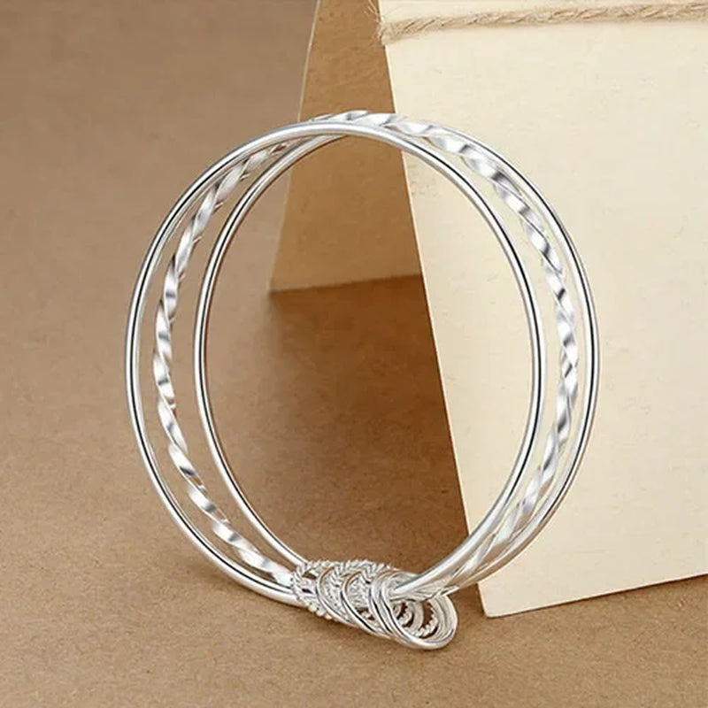 Pure 925 Sterling Silver Fine Three Circles Bangle Bracelet Jewelry