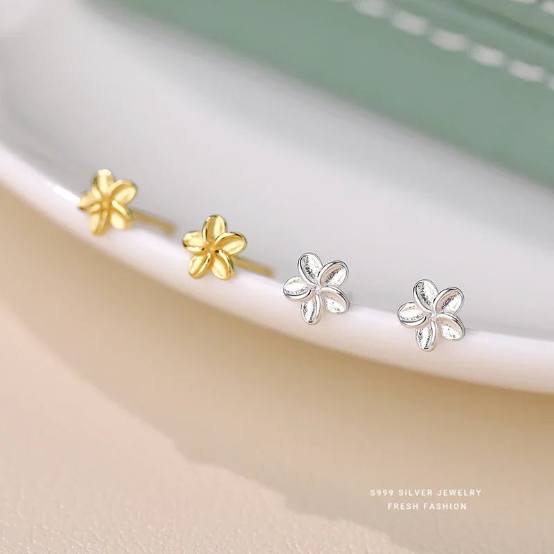 Real 925 Sterling Silver 18k Gold Plated 5MM Flower Mini Stud Earrings Fine Jewelry