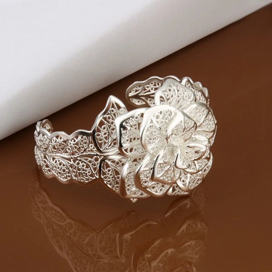 New 925 Sterling Silver Bangle Bracelet Hollow Flowers