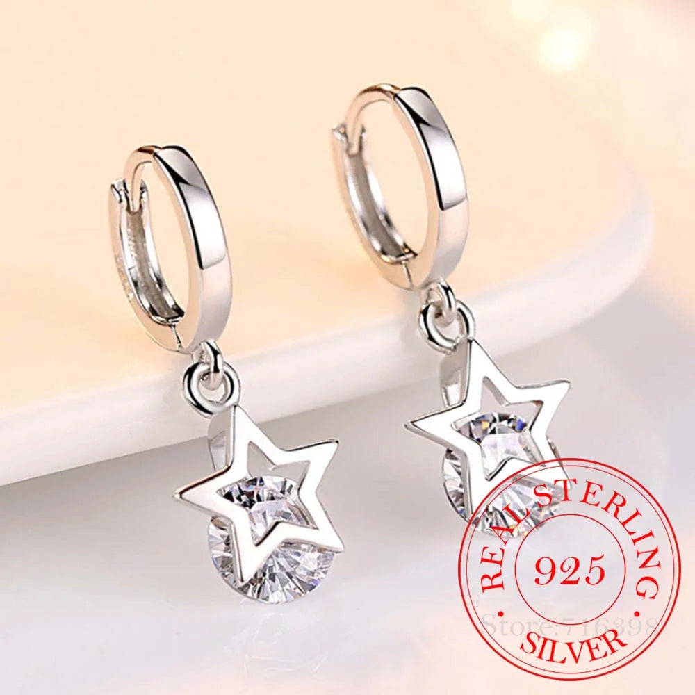 New 925 Sterling Silver Zircon Crystal Star Charm Stud Earrings Fine Jewelry