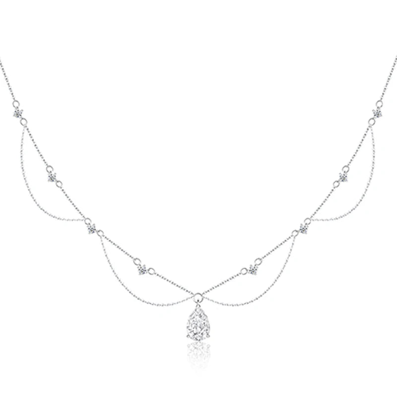 Fine 923 Sterling Silver Double Water Droplet Shape Choker AAA Zircon Chain Necklace Fine Jewelr