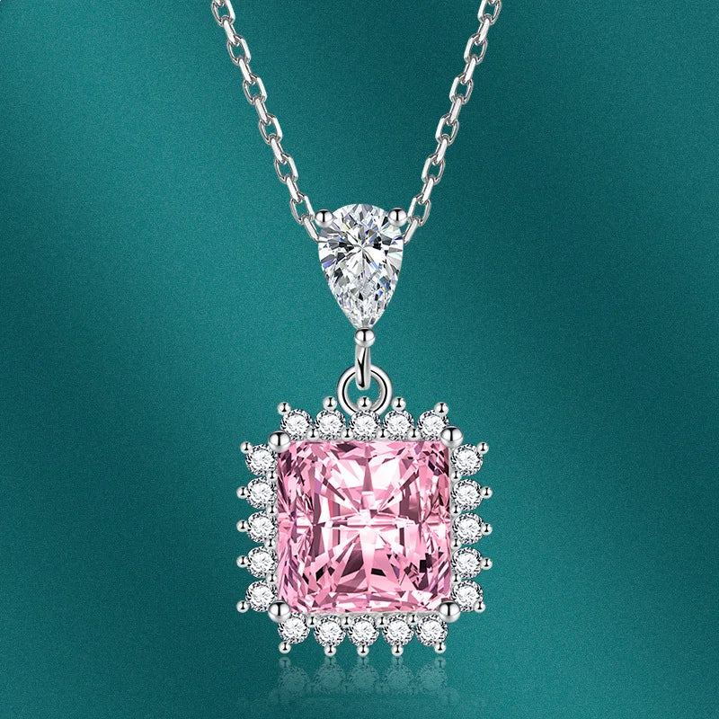 Fine 925 Sterling Silver Necklace Pendant Charm Shining Pink Zircon Jewelry