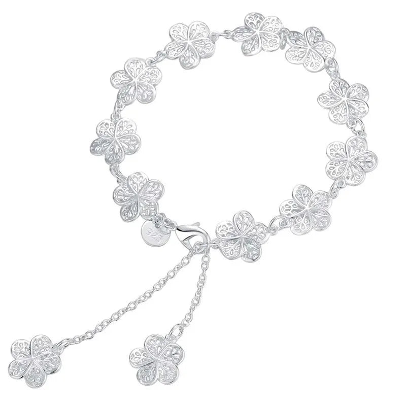 New 925 Sterling Silver Bracelet Beautiful Flowers Fine Jewelry