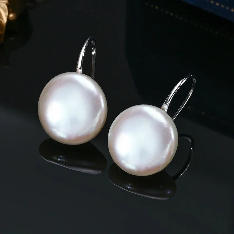 Natural Freshwater 11-13Mm White Button Shape Baroque Pearl Earring 925 Sterling Silver Ear Hook Jewelry