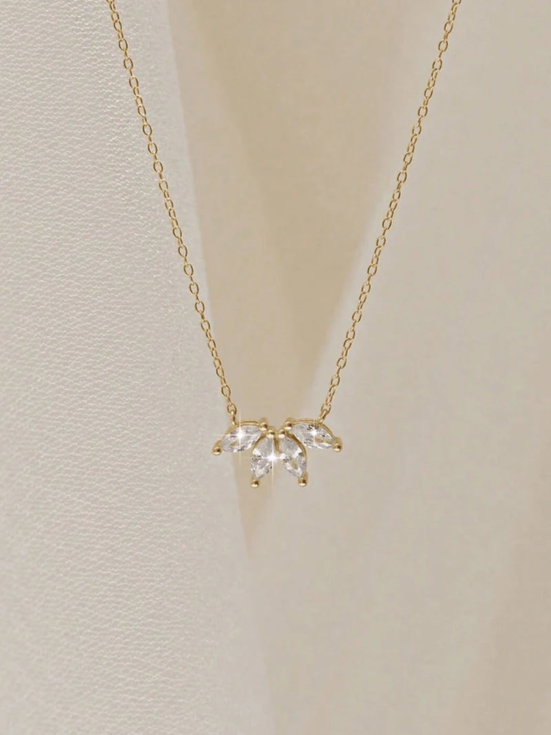 925 Sterling Silver Classic Gorgeous Marquise Zircon Golden Crown Necklace High Quality Fine Jewelry