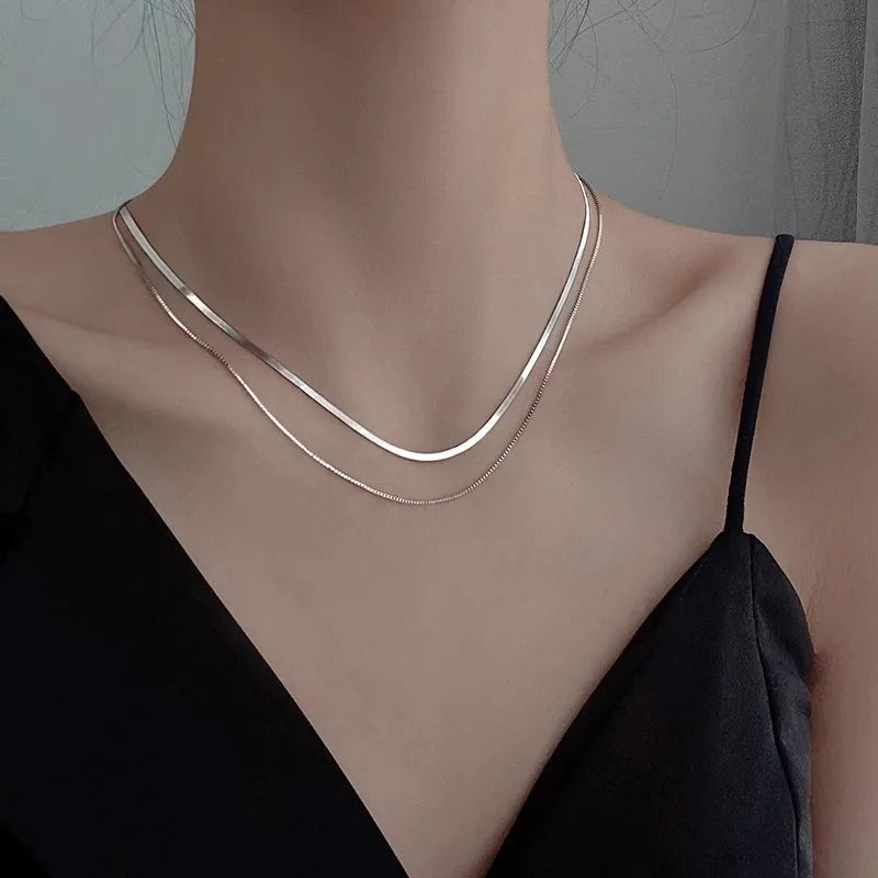 Fine 925 Silver Double Layer Box Chain Snake Clavicle Chain Necklace Fine Jewelry