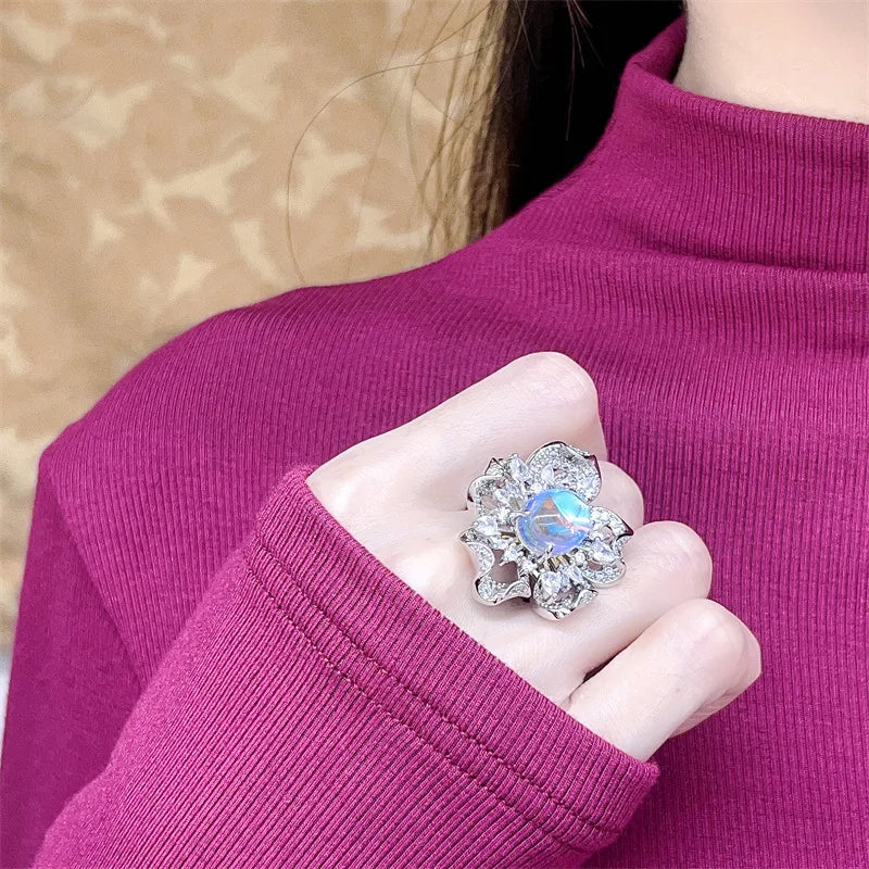 Solid 925 Sterling Silver Luxury Moonstone Opal Zircon Big Flower Open Ring Fine Jewelry