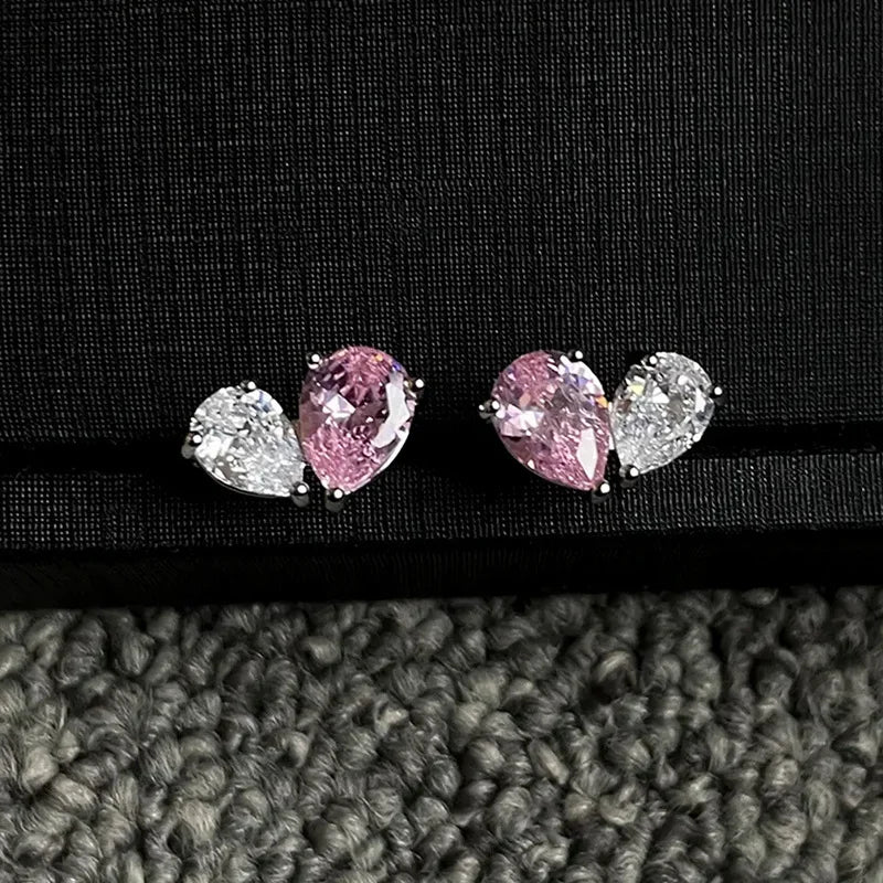 Real Money 925 Sterling Silver Earrings Pink Crystal Heart Shaped Water Droplet Zircon Jewelry