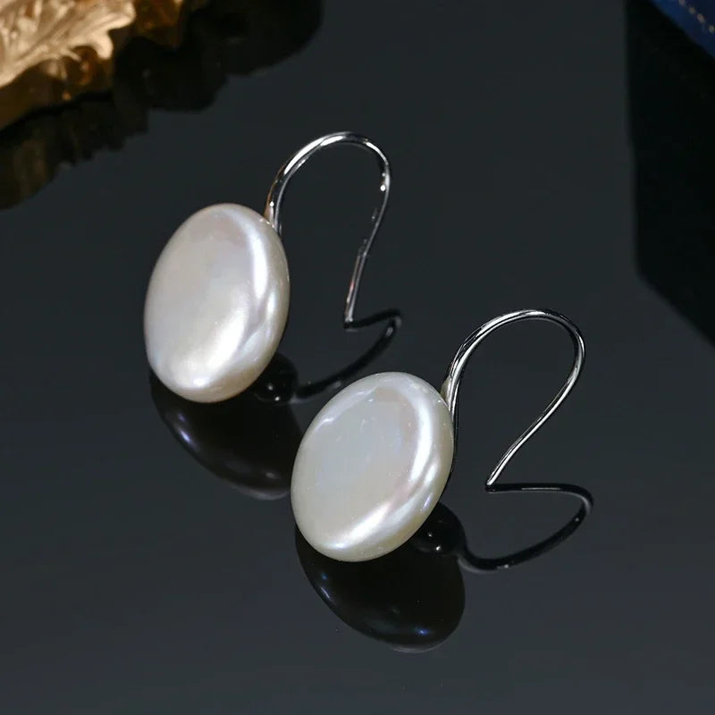 Natural Freshwater 11-13Mm White Button Shape Baroque Pearl Earring 925 Sterling Silver Ear Hook Jewelry