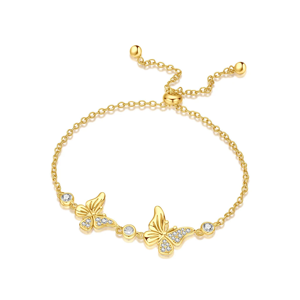 925 Sterling Silver Gold Plated Double Butterfly Adjustable Slider Bracelet Delicate Feminine Jewelry