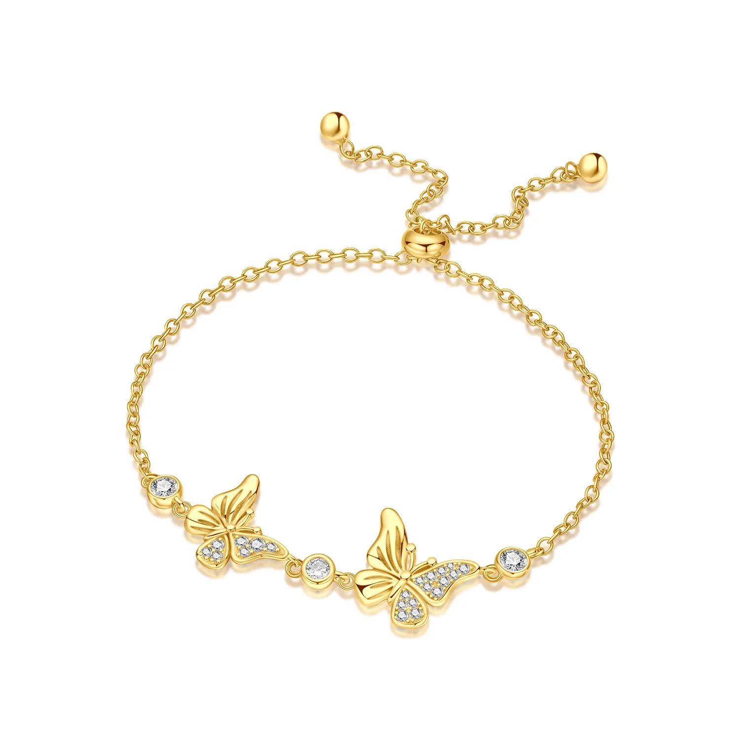 925 Sterling Silver Gold Plated Double Butterfly Adjustable Slider Bracelet Delicate Feminine Jewelry