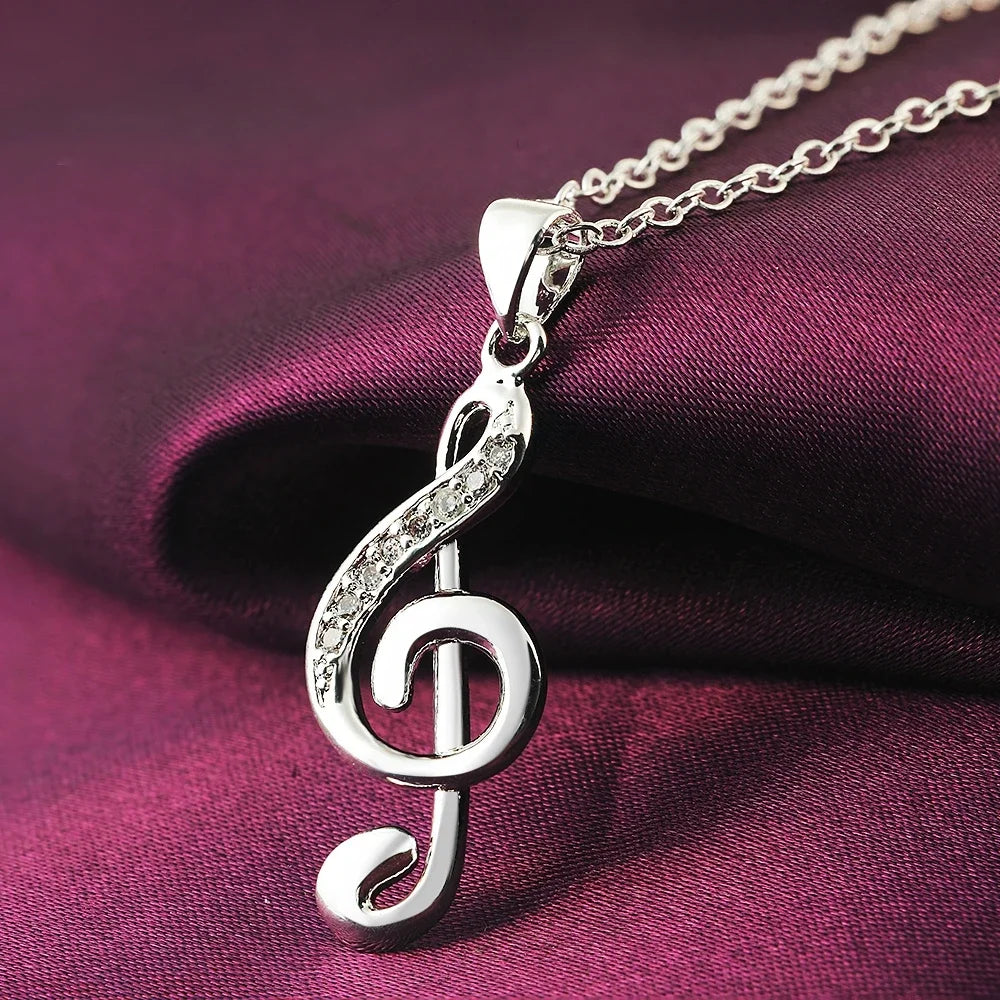 Fine 925 Sterling Silver Crystal Music Note Pendant Necklace Jewelry