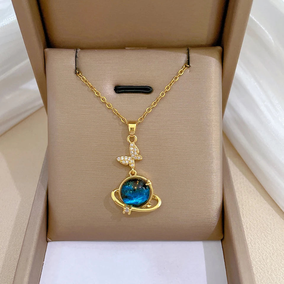 Light Luxury Stainless Steel Blue Starry Planet Pendant Necklace Fashion Women's Clavicle Chain