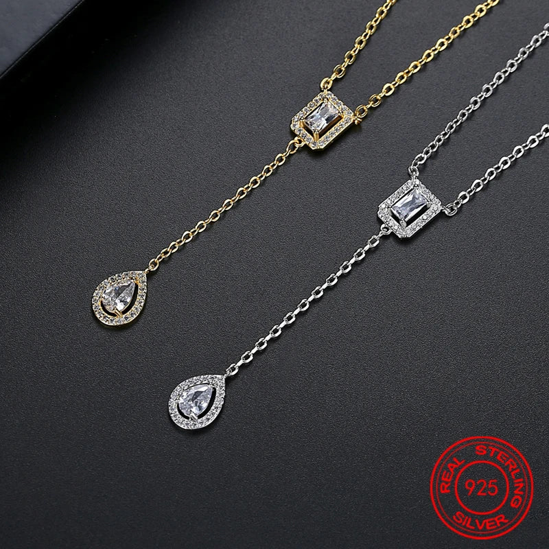 925 Sterling Silver 18K Gold Water Drop Zircon Long Chain Fashion Charm Jewelry