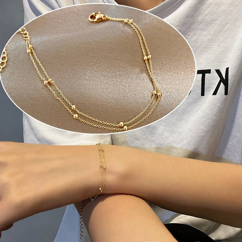 Fashionable 925 Sterling Silver Gold Small round Bead Bracelet Double-Layer Bracelet Jewelry Gift