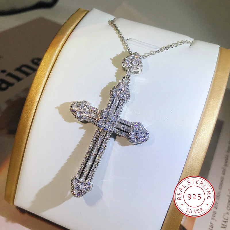 New 925 Sterling Silver Zircon Cross Pendant Necklace Fine Jewelry