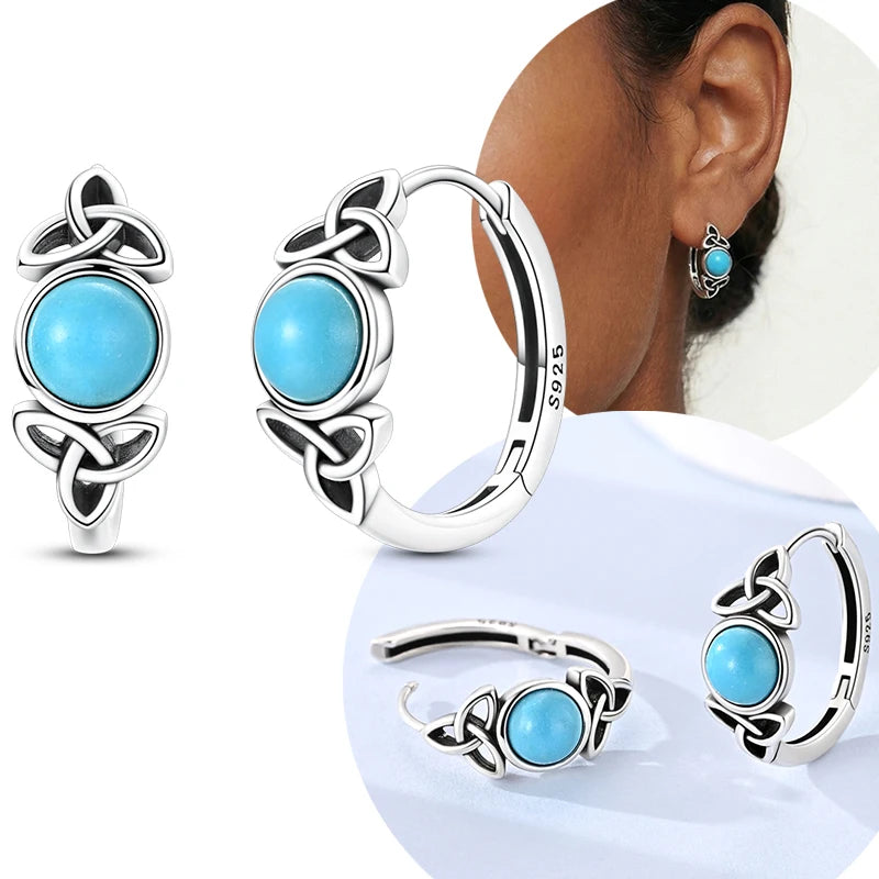 Original 925 Sterling Silver Unique Design Celtic Knot Blue Turquoise Hoop Earrings Fine Jewelry