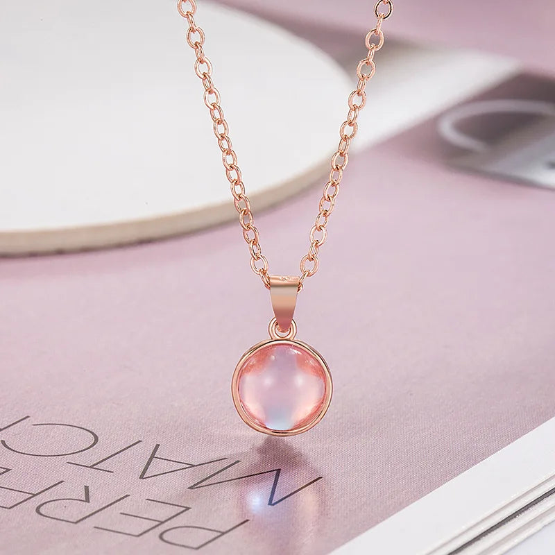 925 Sterling Silver round Pendant Necklace with Pink Crystal Elegant Choker Jewelry